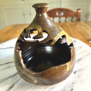 Vintage Studio Pottery Salt Pig, Lantern, Pot-pourri Container, Brown Drip Glaze Ceramic