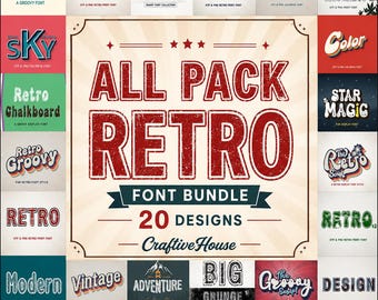 Retro lettertypebundel, vintage groovy-lettertypen, lettertypepakket display-script, commercieel gebruik SVG