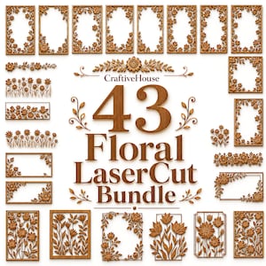 May include: A collection of 43 floral laser-cut designs in various shapes and sizes. The designs include frames, borders, and individual floral elements, all in a warm brown color. The text "CraftiveHouse" and "43 Floral LaserCut Bundle" are also visible.