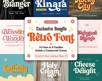 Retro lettertypebundel, Groovy vintage displaylettertypen, Cricut Canva Procreate, lettertype voor commercieel gebruik