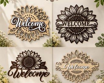 Zonnebloem welkomstbord lasergesneden svg-bundel | Voordeurdecoratie | Commercieel gebruik cnc dxf-bestanden