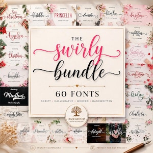 Könnte beinhalten: Ein Bild, das ein Schriftarten-Bundle mit 60 verschiedenen Schriftarten zeigt, darunter Skript-, Kalligraphie-, moderne und handschriftliche Stile. Das zentrale Design zeigt "The Swirly Bundle" in rosa und schwarzer Schrift. Verschiedene Schriftbeispiele sind abgebildet.