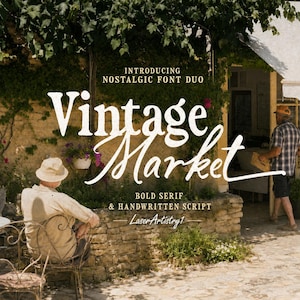 May include: Image showing the words "Vintage Market" in a bold serif and handwritten script font. The text is set against a backdrop of a stone wall, greenery, and a person sitting in a chair. The text "Introducing Nostalgic Font Duo" is also visible.