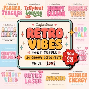 Retro Vibes Font Bundle, 34 Groovy Bubble Fonts (Digital Download)