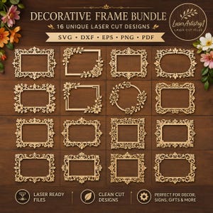 May include: A collection of 16 laser-cut decorative frames in various shapes and floral designs. The frames are made of light-colored wood and are displayed on a dark wood background. Text on the image reads "Decorative Frame Bundle" and "Laser Ready Files."