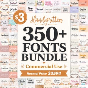 Può includere: Immagine che mostra un pacchetto di oltre 350 font scritti a mano per uso commerciale. Il testo include "350+ FONTS BUNDLE" e "Commercial Use". Il prezzo originale è di $3594.
