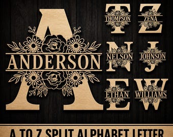 Floral split monogram alfabet SVG, familienaamteken lasergesneden bestand (commercieel gebruik)