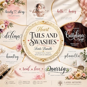 Puede incluir: Un paquete de fuentes digitales con temática romántica. La imagen presenta varias muestras de fuentes con acentos florales y el texto "Heart Tails and Swashes Fonts Bundle". Incluye fuentes como "lovely story" y "Carolina Script".