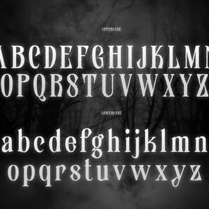 May include: A black and white image showing an alphabet font. Uppercase and lowercase letters are displayed. The font is a serif style with a gothic aesthetic. The background is a dark, blurred forest.