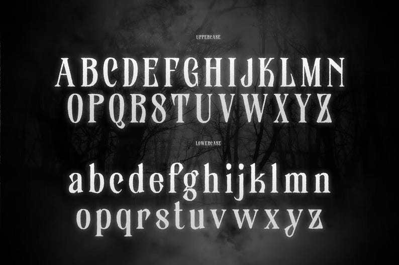 May include: A black and white image showing an alphabet font. Uppercase and lowercase letters are displayed. The font is a serif style with a gothic aesthetic. The background is a dark, blurred forest.