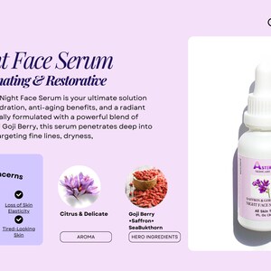 May include: A white bottle of Aster Skincare Night Face Serum with a dropper. The label includes the text "Saffron & Goji Berry Night Face Serum" and "All Skin Types". The background is a light purple.