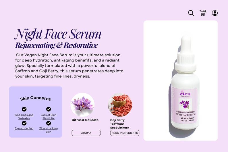 May include: A white bottle of Aster Skincare Night Face Serum with a dropper. The label includes the text "Saffron & Goji Berry Night Face Serum" and "All Skin Types". The background is a light purple.