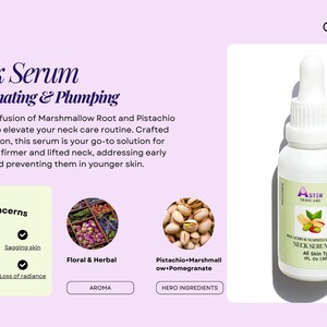 May include: White bottle of Aster Skincare Neck Serum with a dropper. The label includes the product name, ingredients, and volume: 1 fl oz (30 ml). The serum is designed for all skin types and targets fine lines and wrinkles.