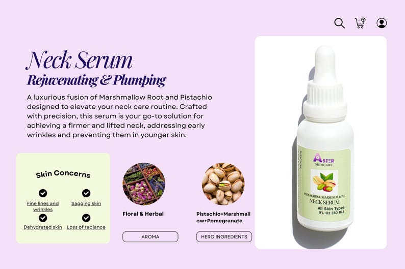 May include: White bottle of Aster Skincare Neck Serum with a dropper. The label includes the product name, ingredients, and volume: 1 fl oz (30 ml). The serum is designed for all skin types and targets fine lines and wrinkles.