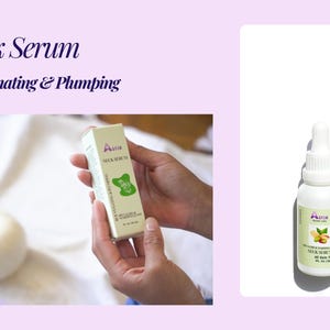May include: A white bottle of neck serum with a dropper, next to a box of neck serum. The box is held by a person. The box and bottle have the brand name "Astia" and the words "Neck Serum". The text "Rejuvenating & Plumping" is above the image.
