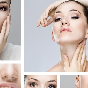 May include: A collage of images featuring a woman with fair skin and dark eye makeup. The images showcase different close-up views of her face, including her eyes, lips, and hands. The overall theme is beauty and skincare.