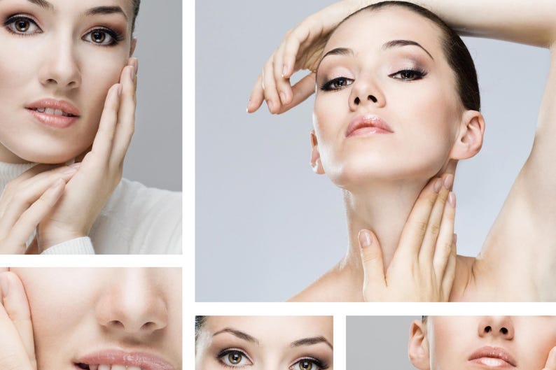 May include: A collage of images featuring a woman with fair skin and dark eye makeup. The images showcase different close-up views of her face, including her eyes, lips, and hands. The overall theme is beauty and skincare.