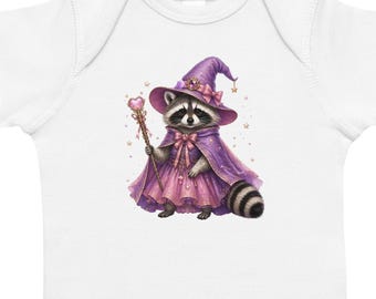 Witch Raccoon Baby Onesie | Sparkly Pink Raccoon | Fairy Tale Wizard Animal Clothing | Cute Halloween Baby Gift | Raccoon Baby Bodysuit