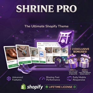 May include: Promotional graphic for Shrine Pro, The Ultimate Shopify Theme. The image shows a laptop displaying an Etsy storefront, product cards, and a purple icon. Text includes "Advanced Features", "Blazing Fast Performance", and "Fully Mobile Responsive".