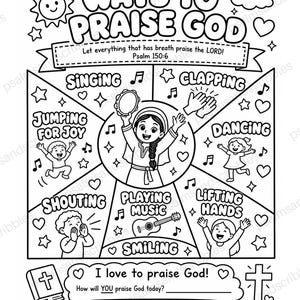 Może przedstawiać: Czarno-biała kolorowanka zatytułowana Ways to Praise God z Psalmem 150:6. Projekt zawiera ilustracje dzieci śpiewających, klaszczących, skaczących, tańczących, krzyczących, grających na instrumentach, podnoszących ręce i uśmiechających się, z centralną postacią trzymającą tamburyn.