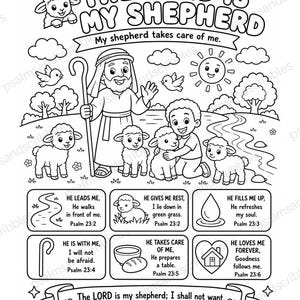 May include: A black and white coloring page featuring a shepherd with sheep and a child, with the text THE LORD IS MY SHEPHERD, My shepherd takes care of me, and various Psalm 23 verses. The design includes clouds, a sun, trees, and icons.