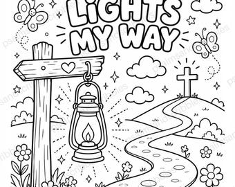 May include: A black and white coloring page featuring the text JESUS LIGHTS MY WAY and Psalm 119:105. The illustration depicts a wooden signpost with a hanging lantern, a winding path leading to a cross on a hill, butterflies, and flowers.