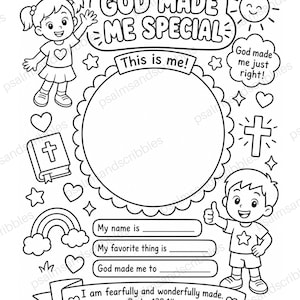 May include: A black and white coloring page titled GOD MADE ME SPECIAL featuring a large central circle for a photo, illustrations of a girl and boy, a sun, a cross, a bible, a rainbow, and fill-in-the-blank lines for personal information.