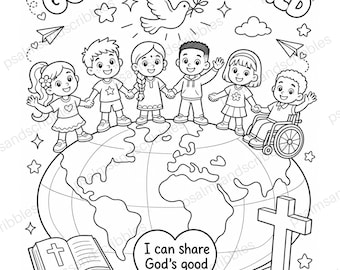 May include: A black and white colouring page featuring a globe with six diverse children holding hands on top. Above them, the text reads GO TELL THE WORLD with a dove. Below, an open Bible, a cross, and a heart with the text I can share God's good news.