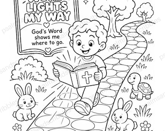 May include: A black and white coloring page featuring a child reading a book with a cross on the cover while walking on a stone path. The text reads God's Word Lights My Way, God's Word shows me where to go, and Thy word is a lamp unto my feet.