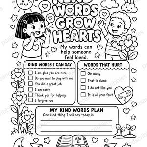 Op de afbeelding: Een zwart-wit kleurplaat met de titel KIND WORDS GROW HEARTS met twee kinderen, een zon, een regenboog en bloemen. Het bevat lijsten met vriendelijke en kwetsende woorden, een plansectie en het bijbelvers Gracious words are like a honeycomb.