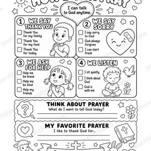 Puede incluir: Una hoja de actividades imprimible en blanco y negro titulada How I Can Pray, con cuatro secciones numeradas e ilustraciones de niños, corazones y flores. Incluye casillas de verificación para oraciones, líneas para escribir y el texto Pray without ceasing. 1 Thessalonians 5:17.