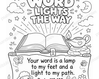 Psalm 119:105 God's Word Lights the Way Bible Coloring Page | Kids Bible Verse Printable | Scripture Activity