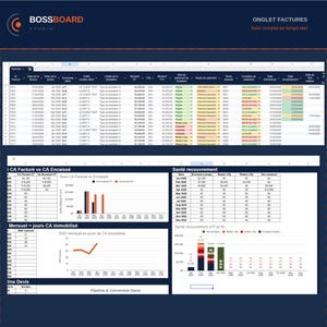 Peut inclure: Tableau de bord numérique avec données financières, graphiques et tableaux. La section supérieure affiche une feuille de calcul avec des colonnes pour les dates, les montants et les statuts de paiement. Des graphiques et des diagrammes visualisent les métriques financières.