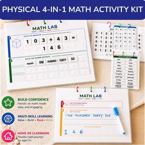 May include: A physical 4-in-1 math activity kit featuring white boards with blue, green, and red accents. The kit includes number and symbol tiles, a math vocabulary flip chart, and a dry-erase marker for solving equations and writing number sentences.