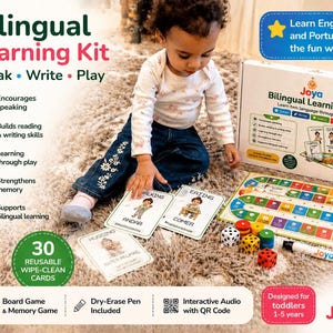 May include: A bilingual learning kit for toddlers, featuring a board game, cards, and dice. The kit includes a dry-erase pen and interactive audio via QR code. The box and cards have text in English and Portuguese. The kit is designed for children ages 1-5.
