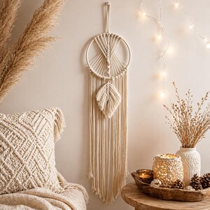 Puede incluir: Colgante de pared de macramé color crema con una parte superior circular y un diseño de pluma en forma de diamante. Largas franjas verticales cuelgan por debajo. La decoración de la pared se exhibe contra una pared neutra, con una almohada y objetos decorativos cerca.