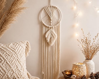 Tapiz de macramé estilo bohemio nórdico / Atrapasueños hecho a mano / Arte de pared minimalista neutro / Decoración para dormitorio y sala de estar