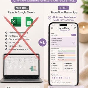 Peut inclure: Publicité comparant Excel et Google Sheets avec l'application FocusFlow Planner. L'interface de l'application est affichée sur un smartphone, présentant ses fonctionnalités. Le texte dit : "This Is An App. Not a Spreadsheet."