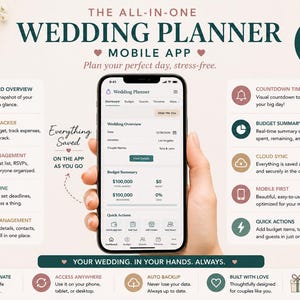 May include: A mobile phone displaying a wedding planner app interface. The app features a dashboard overview, budget tracker, guest management, and task timeline. The image includes text: "The All-In-One Wedding Planner Mobile App."