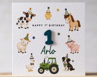 Personalised 1st Birthday Farm Animals Card with 3D Acrylic Number
