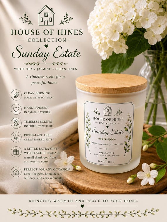 Sunday Estate Soy Candle | Clean Burning Candle | White Tea Jasmine Linen | Luxury Home Fragrance | Housewarming Gift | Hand Poured Candle
