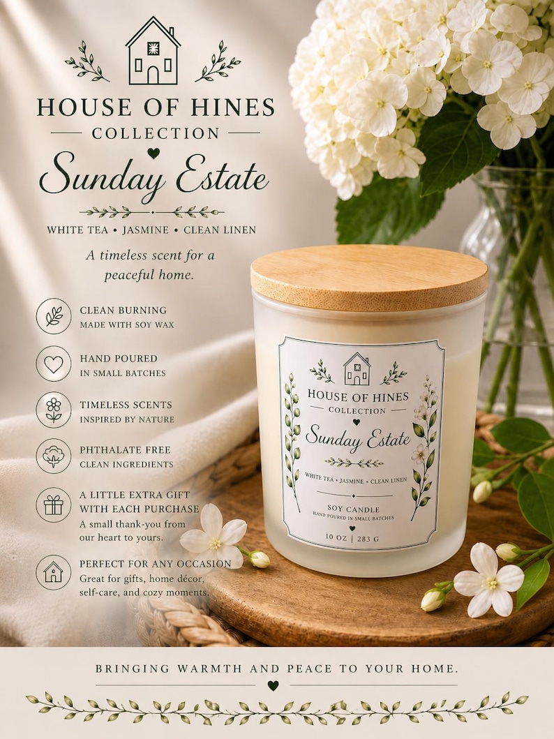 May include: A soy candle from the House of Hines Collection, labelled "Sunday Estate." The candle is in a frosted glass jar with a wooden lid. The label includes the scent notes: white tea, jasmine, and clean linen. The candle is 283 g.