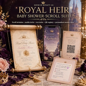 May include: A Royal Heir baby shower scroll suite featuring a parchment-style scroll invitation, a smartphone displaying a digital invitation, and a registry card with a QR code. The text includes details for Isabella Maria's baby shower.