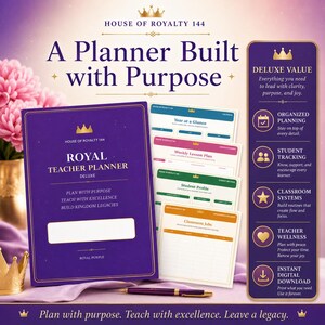 May include: A purple Royal Teacher Planner with gold crown accents and text reading House of Royalty 144. The set includes internal pages for lesson planning, student profiles, and classroom jobs, alongside a purple pen and a vertical feature list.