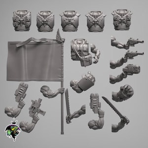 Puede incluir: Colección de figuras en miniatura grises, que incluyen piezas de armadura, brazos que sostienen armas y una bandera. Las piezas de armadura presentan diseños detallados, y los brazos sostienen varias armas como pistolas y espadas. La bandera es lisa.