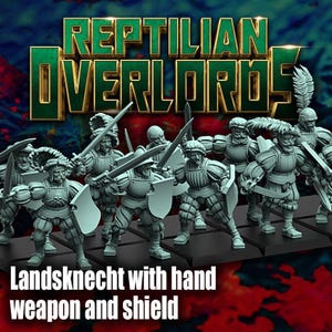 Può includere: Un gruppo di miniature grigie di Landsknecht con armi a mano e scudi, sotto il titolo "Reptilian Overlords". Le figure sono in posizione di combattimento, con spade e scudi. Lo sfondo è una sfumatura verde e blu.
