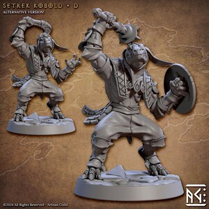 May include: A gray miniature figure of a Kobold warrior in a dynamic pose, holding a spiked mace and shield. The figure is detailed with armor and clothing, standing on a rocky base. The text "SETREK KOBOLD + D" is at the top.