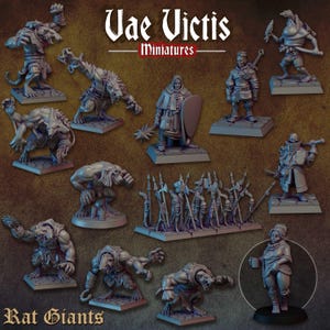 Op de afbeelding: Een verzameling grijze miniatuurfiguren, waaronder ratachtige reuzen en fantasiekarakters. De figuren zijn gedetailleerd, sommige houden wapens vast. De tekst "Vae Victis Miniatures" en "Rat Giants" is weergegeven.