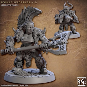 Op de afbeelding: Een grijze Dwarf Berserker-figuur met een grote bijl, gedetailleerde bepantsering en een met bont gevoerd schouderstuk. De figuur staat op een ronde basis, met een tweede figuur op de achtergrond. De tekst "DWARF BERSERKER + D ALTERNATIVE VERSION!" staat bovenaan.