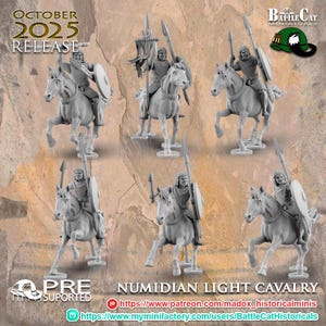 May include: A collection of gray miniature Numidian Light Cavalry figures on horseback, each armed with a spear and shield. The figures are posed dynamically, suggesting movement. The image includes text indicating a 2025 release and the Battle Cat Miniatures logo.
